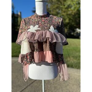 Upcycled and Shuggie Fierce Handmade Floral Stretch Knit Baby Doll Blouse Size S